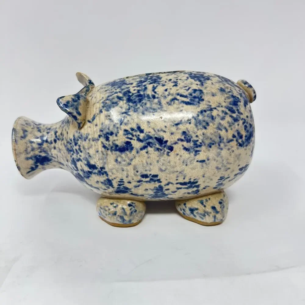 Vintage 80s Blue Spongeware Piggy Bank Stoneware Handmade Studio Pottery Pig